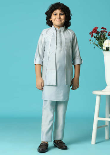 Grey Embroidered Silk Kurta Jacket Set For Boys