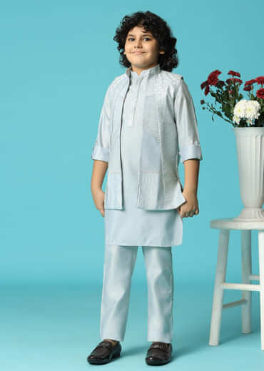 Grey Embroidered Silk Kurta Jacket Set For Boys