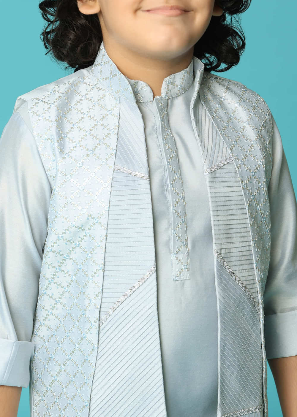 Grey Embroidered Silk Kurta Jacket Set For Boys