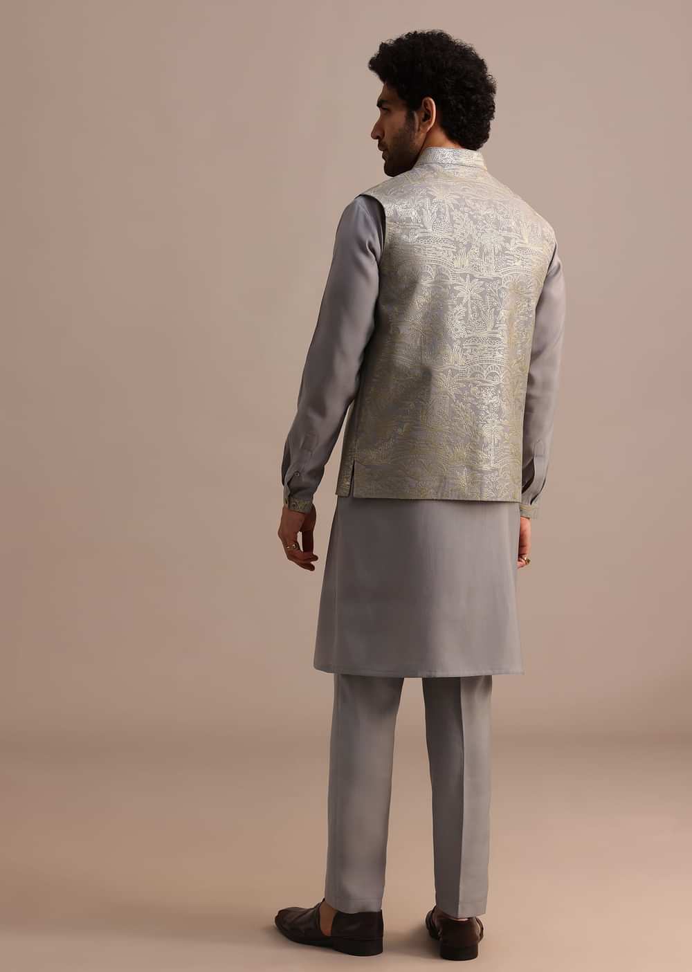 Grey Embroidered Silk Kurta Jacket Set For Men