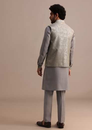 Grey Embroidered Silk Kurta Jacket Set For Men