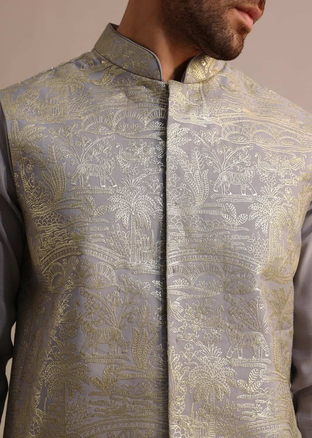 Grey Embroidered Silk Kurta Jacket Set For Men