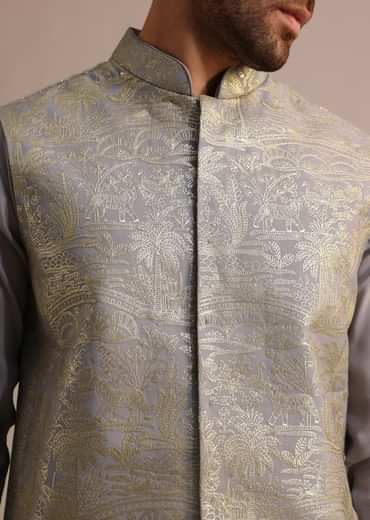 Grey Embroidered Silk Kurta Jacket Set For Men