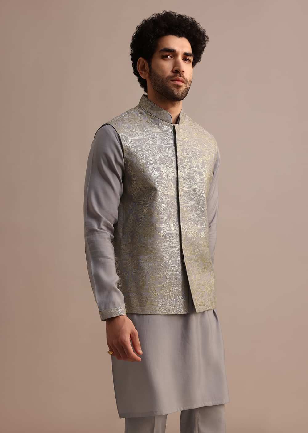 Grey Embroidered Silk Kurta Jacket Set For Men
