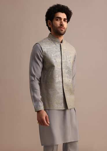 Grey Embroidered Silk Kurta Jacket Set For Men