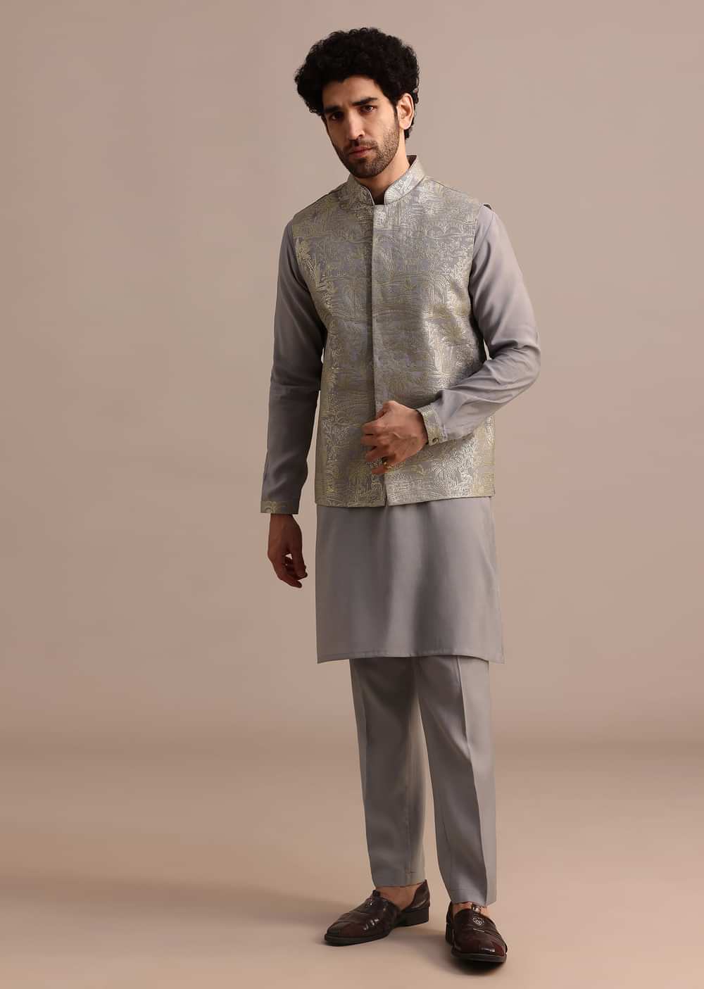 Grey Embroidered Silk Kurta Jacket Set For Men