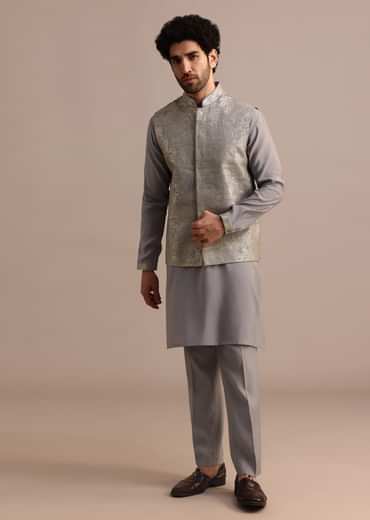 Grey Embroidered Silk Kurta Jacket Set For Men
