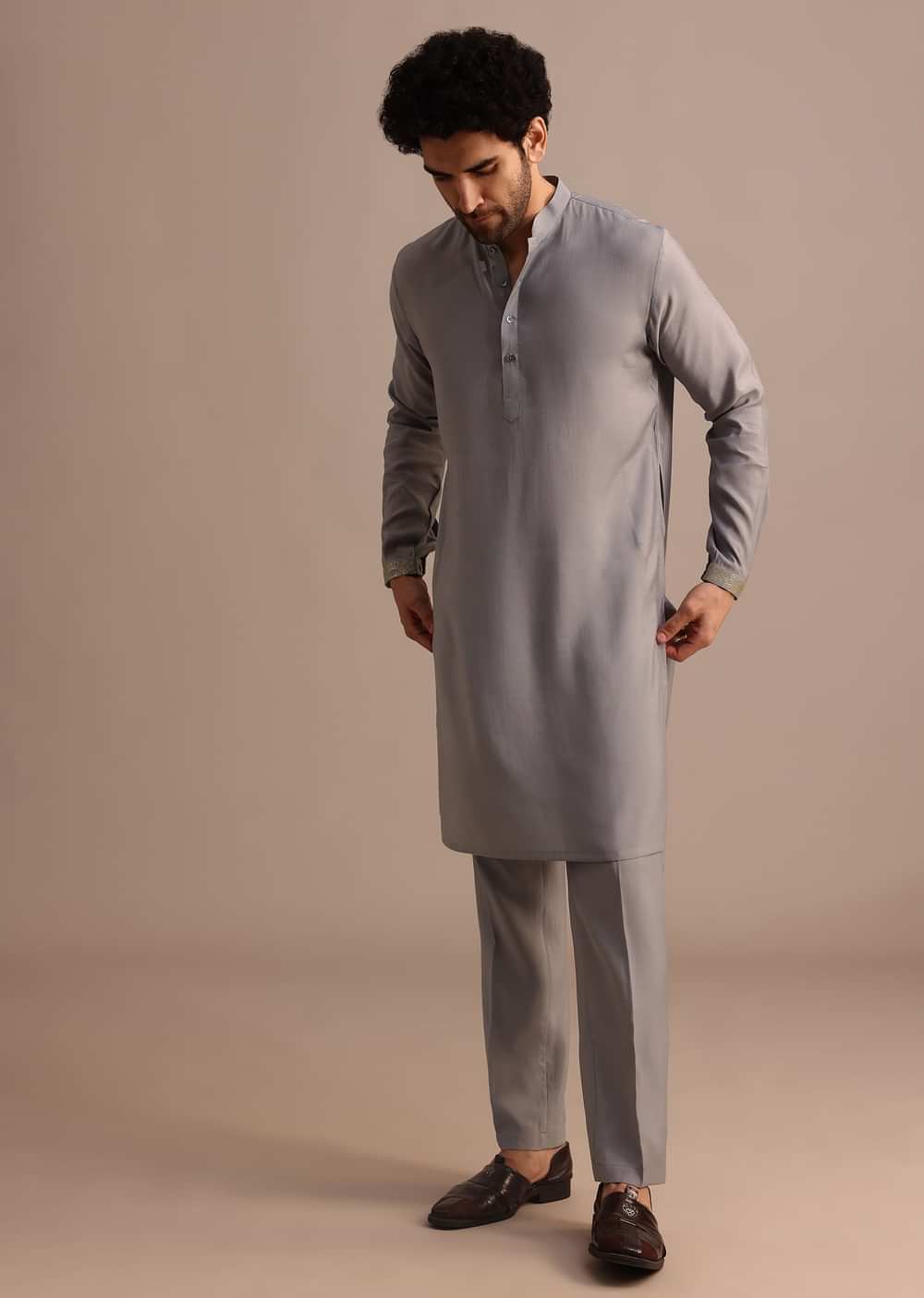 Grey Embroidered Silk Kurta Jacket Set For Men