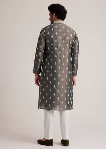 Grey Embroidered Silk Kurta Set