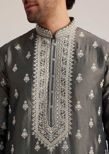 Grey Embroidered Silk Kurta Set