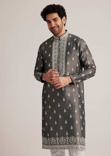 Grey Embroidered Silk Kurta Set