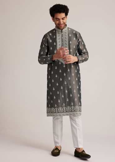 Grey Embroidered Silk Kurta Set
