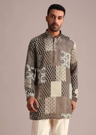 Grey Patchwork Printed Kurta With Floral And Geometric Motifs