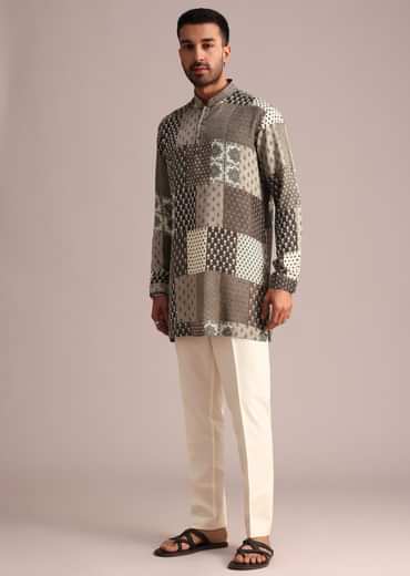 Grey Patchwork Printed Kurta With Floral And Geometric Motifs
