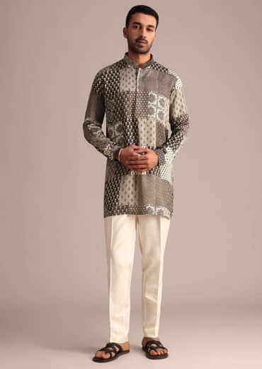 Grey Patchwork Printed Kurta With Floral And Geometric Motifs