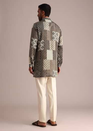 Grey Patchwork Printed Kurta With Floral And Geometric Motifs