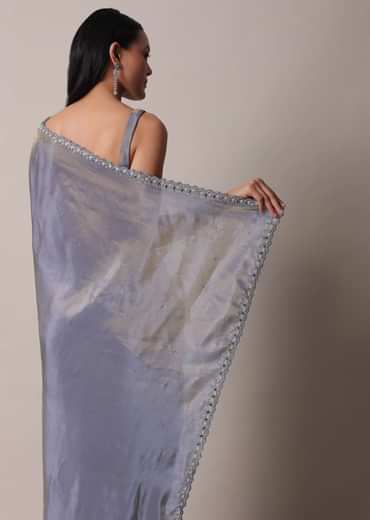 Grey Glass Tissue Saree With Mirror Work Border And Unstitched Blouse Piece