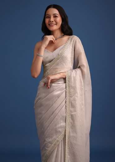 Grey Glass Tissue Silk Cutdana Work Saree With Embellished Scallop Border