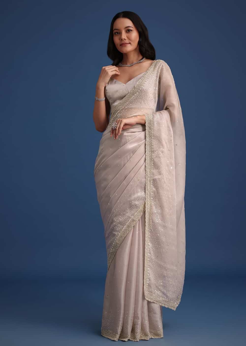 Grey Glass Tissue Silk Cutdana Work Saree With Embellished Scallop Border