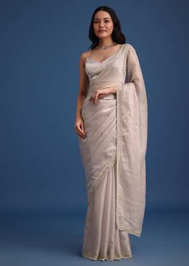 Grey Glass Tissue Silk Cutdana Work Saree With Embellished Scallop Border
