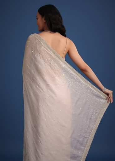 Grey Glass Tissue Silk Cutdana Work Saree With Embellished Scallop Border
