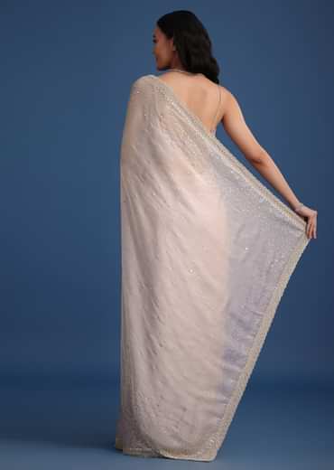 Grey Glass Tissue Silk Cutdana Work Saree With Embellished Scallop Border