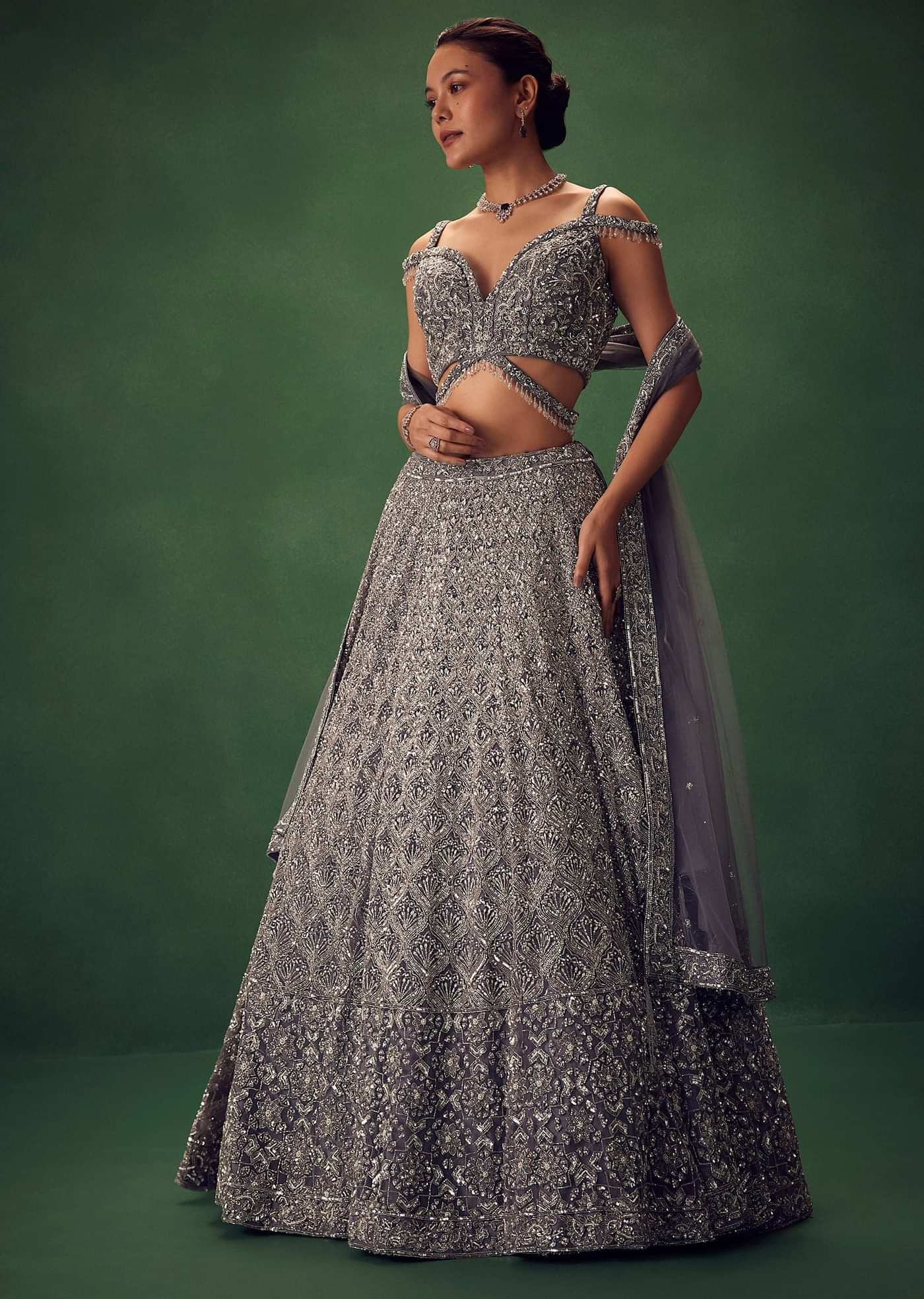 Grey Hand Embroidered Sequin Work Lehenga Set