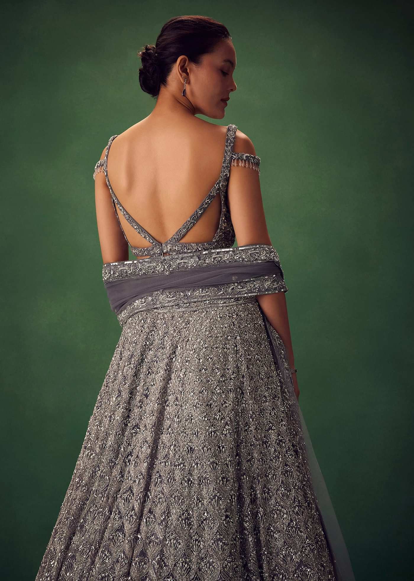 Grey Hand Embroidered Sequin Work Lehenga Set