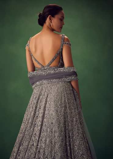 Grey Hand Embroidered Sequin Work Lehenga Set