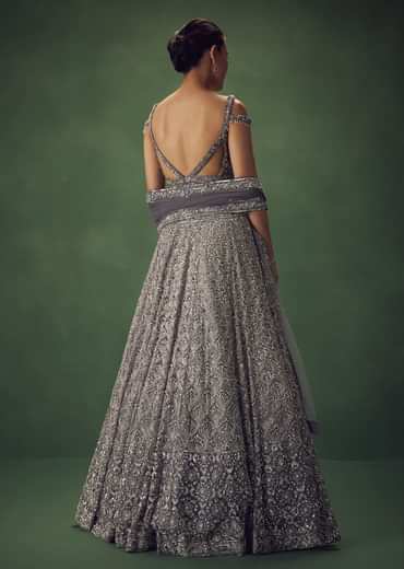 Grey Hand Embroidered Sequin Work Lehenga Set