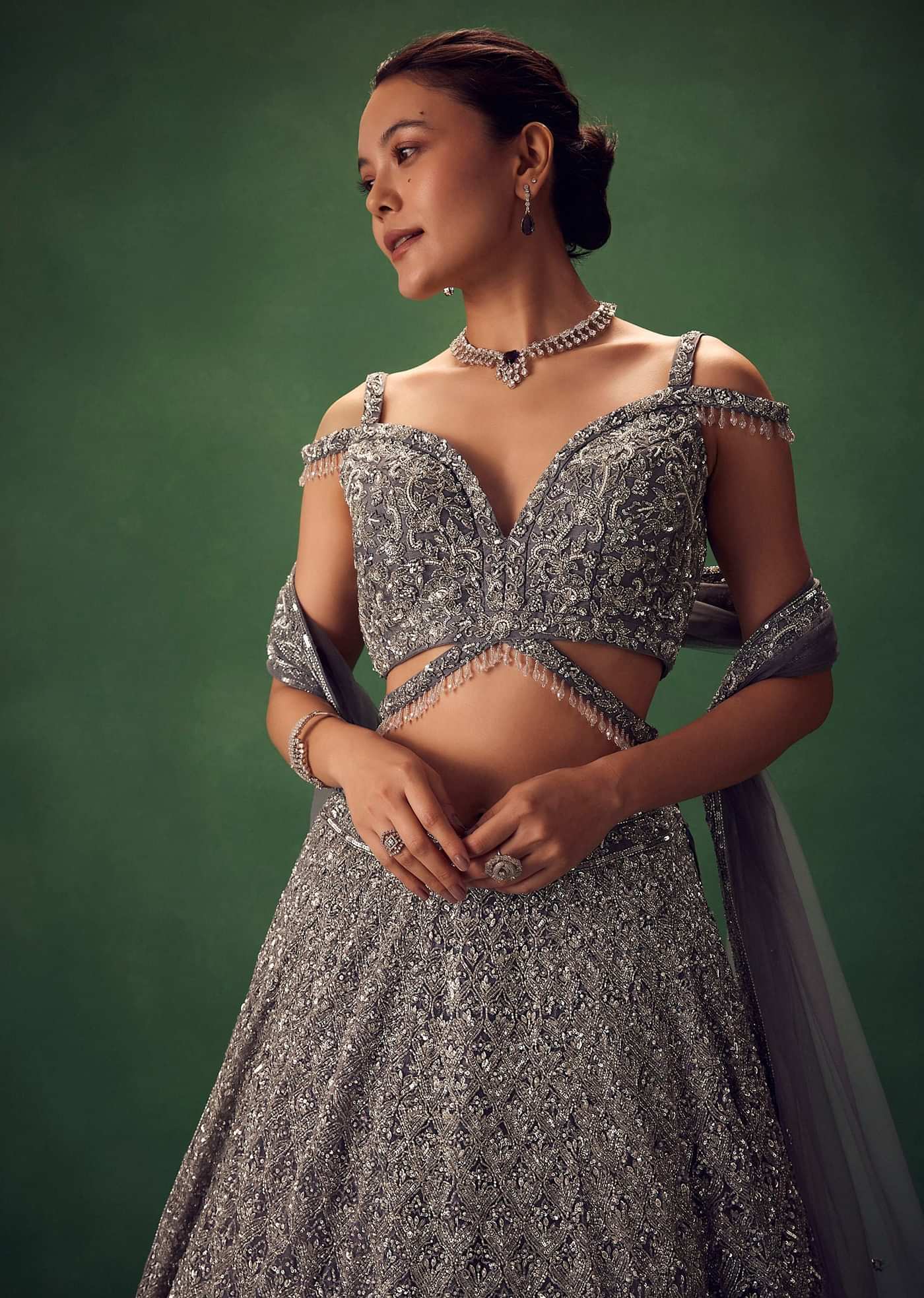 Grey Hand Embroidered Sequin Work Lehenga Set