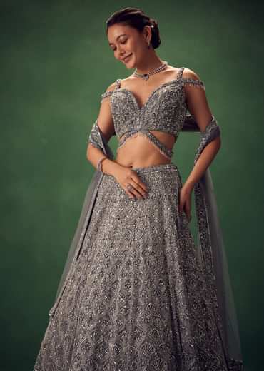 Grey Hand Embroidered Sequin Work Lehenga Set