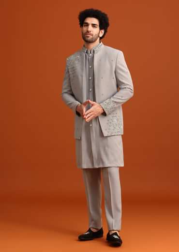 Grey Indo Western Jacket And Kurta Set