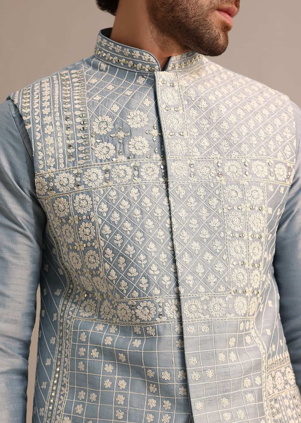 Grey Kurta Jacket Set With Thread And Mirror Work For Men