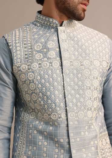 Grey Kurta Jacket Set With Thread And Mirror Work For Men
