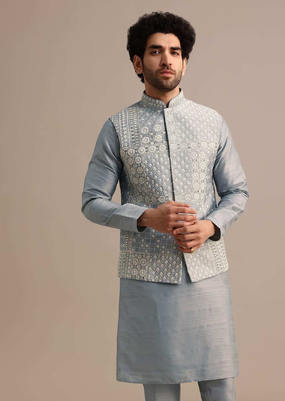 Grey Kurta Jacket Set With Thread And Mirror Work For Men