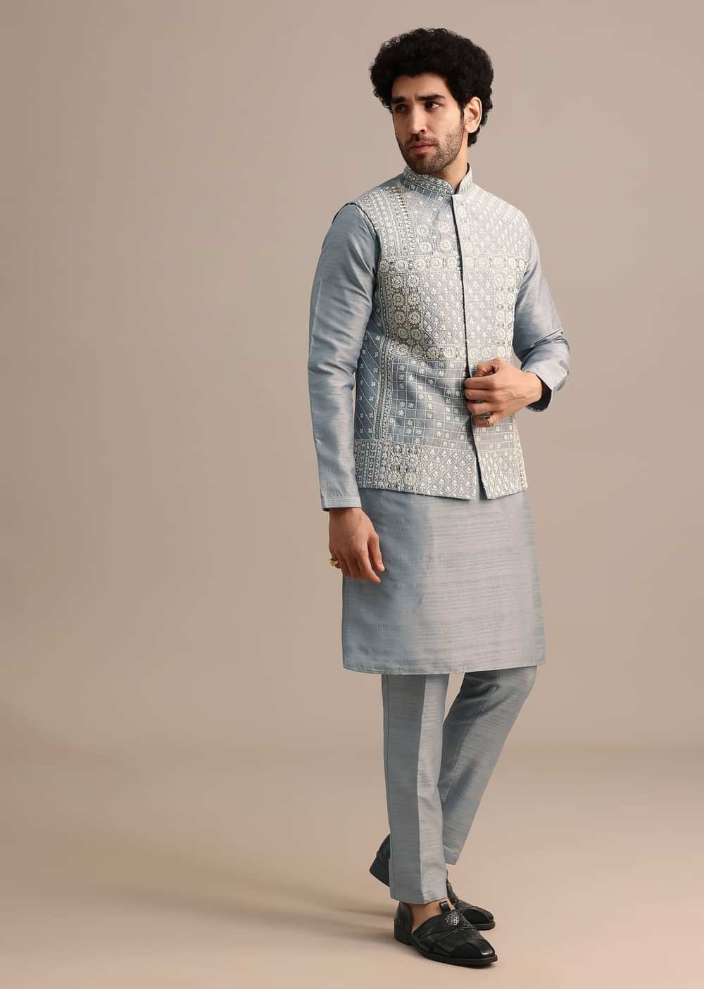 Grey Kurta Jacket Set With Thread And Mirror Work For Men