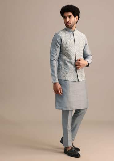 Grey Kurta Jacket Set With Thread And Mirror Work For Men
