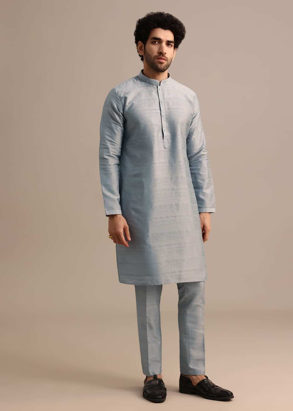 Grey Kurta Jacket Set With Thread And Mirror Work For Men