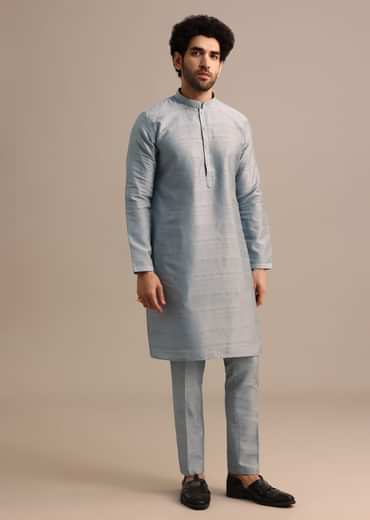 Grey Kurta Jacket Set With Thread And Mirror Work For Men