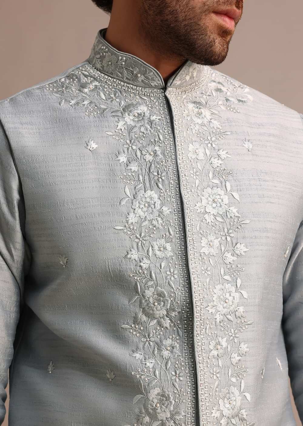 Grey Kurta Jacket Set With Thread Work And Mirror Embroidery For Men