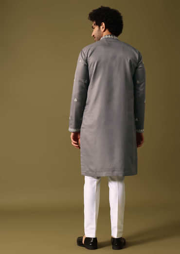 Grey Kurta Pant Set With Abla Work For Men