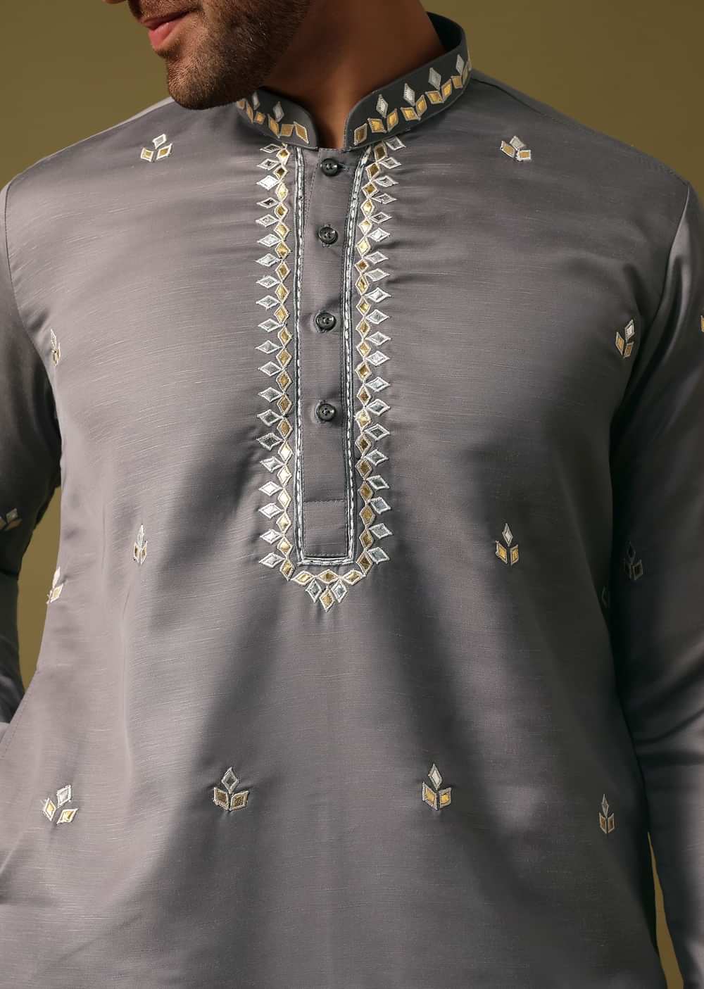 Grey Kurta Pant Set With Abla Work For Men