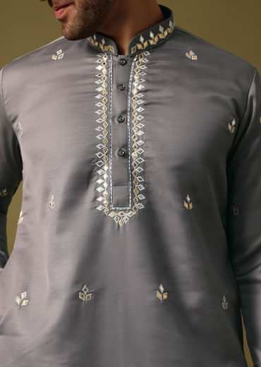 Grey Kurta Pant Set With Abla Work For Men