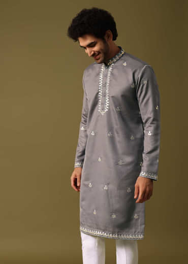 Grey Kurta Pant Set With Abla Work For Men