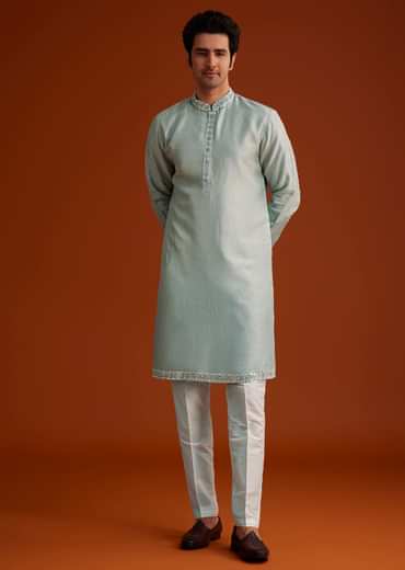 Grey Kurta Pant Set With Mirror Work Nehru Jacket
