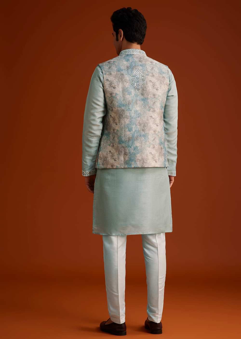 Grey Kurta Pant Set With Mirror Work Nehru Jacket