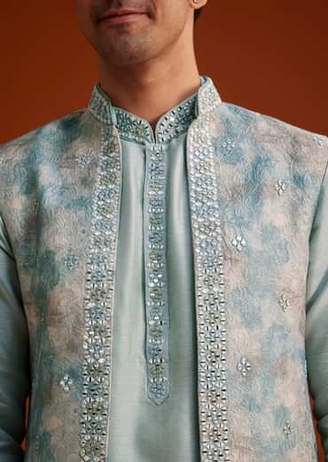 Grey Kurta Pant Set With Mirror Work Nehru Jacket