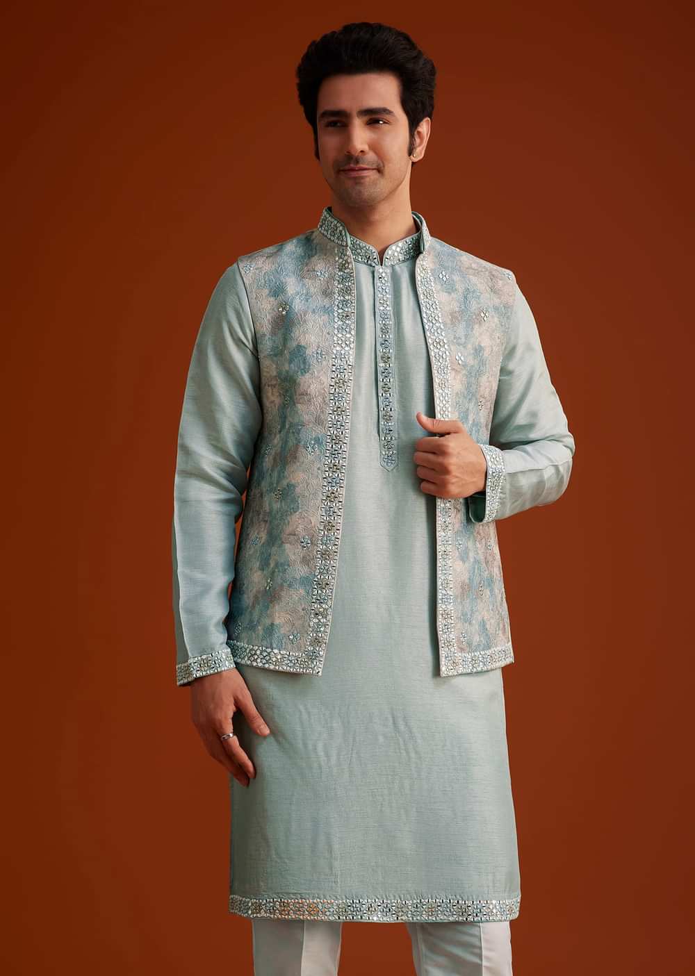 Grey Kurta Pant Set With Mirror Work Nehru Jacket