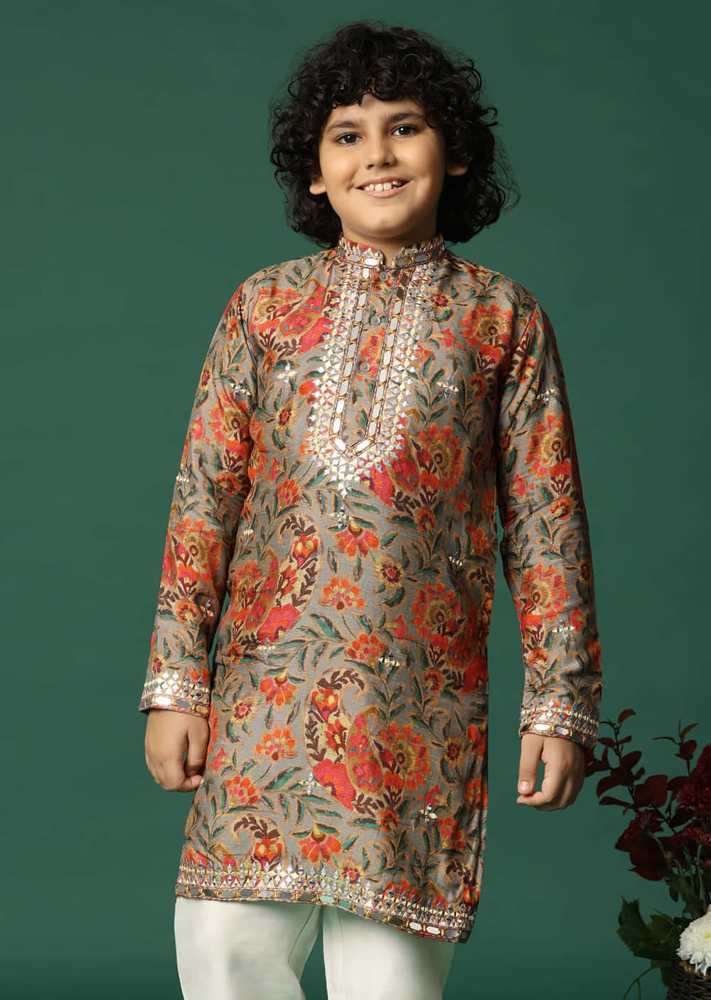 Grey Kurta Pant With Thread And Mirror Work For Boys